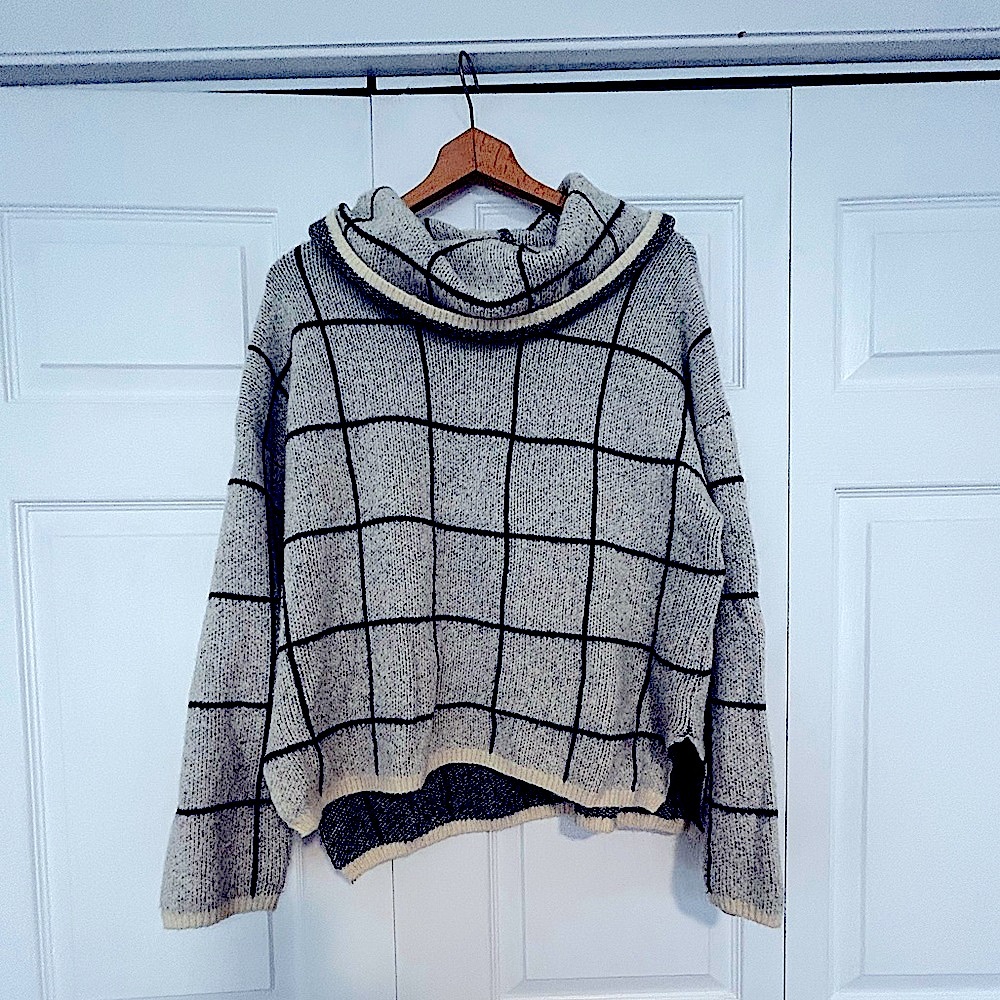 White and Black Plaid Turtleneck Sweater